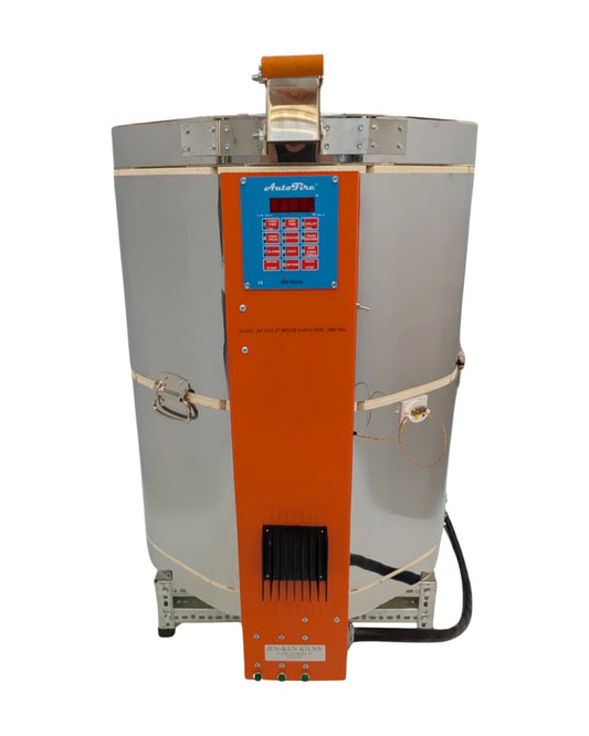 Front view of Jen-Ken Kilns Mega Coil 2431 3" ceramic kiln with lid open and Orton AutoFire4000 Controller