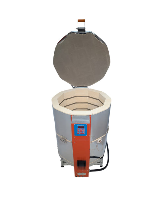 Front view of Jen-Ken Kilns Mega Coil 2431 3" ceramic kiln with lid open and Orton AutoFire4000 Controller
