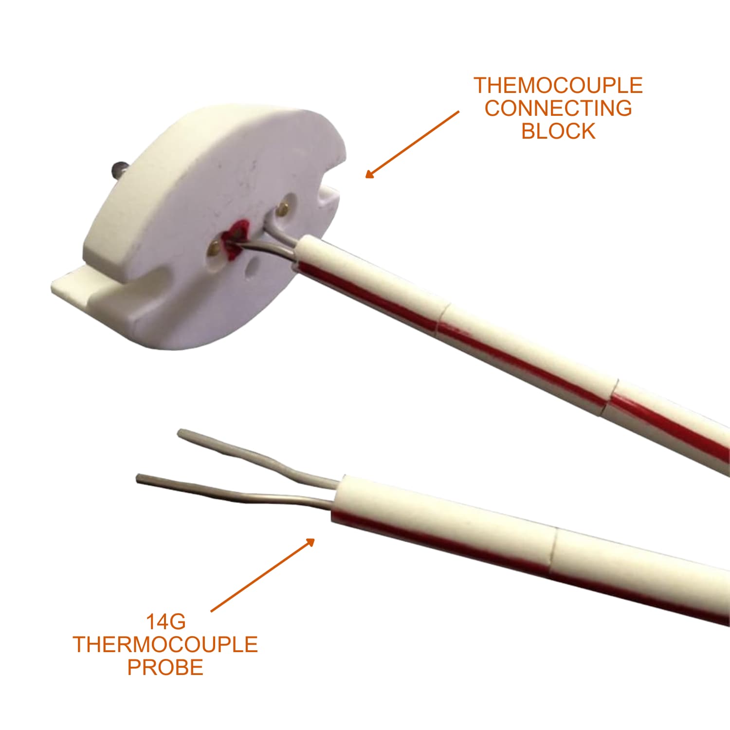 Jen-Ken Kilns 14 gauge thermocouple probe next to oval block connected with thermocouple