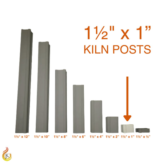 Jen-Ken Kilns 1.5 inch by 1 inch square kiln post featured in full brightness, with other posts dimmed. Label and arrow indicate the 1½" x 1" post.