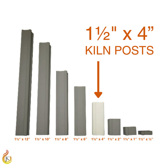 Jen-Ken Kilns 1.5 inch by 4 inch ceramic kiln post shown fully lit. Remaining posts are dimmed. Post size is labeled with an arrow for emphasis.