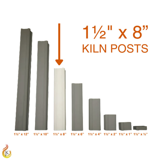 Jen-Ken Kilns 1.5 inch by 8 inch square kiln post featured in bright display, with dimmed surrounding posts. Orange label and arrow mark the size.