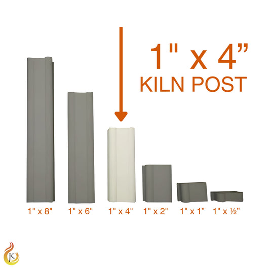 Jen-Ken Kilns 1 inch by 4 inch ceramic kiln post fully lit, with dimmed background posts. Text and arrow label this post size.