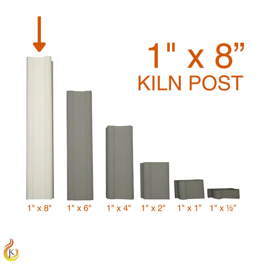 Tallest post in the Jen-Ken Kilns 1-inch square lineup, the 1 inch by 8 inch kiln post, is highlighted. Dimmed posts in background. Text and arrow indicate featured post.