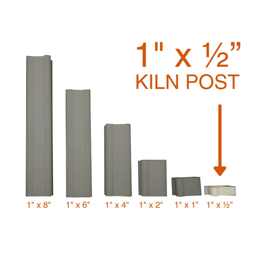 Jen-Ken Kilns 1 inch by ½ inch square ceramic kiln post highlighted. Other kiln posts are dimmed. Orange label reads '1" x ½" KILN POST' with a downward arrow pointing to the post.