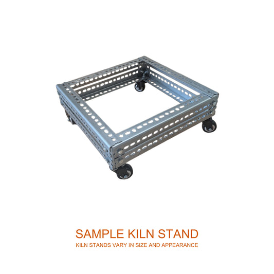square, metal Jen-Ken kiln stand and words "Sample Kiln Stand. Kiln stands vary in size and appearance."