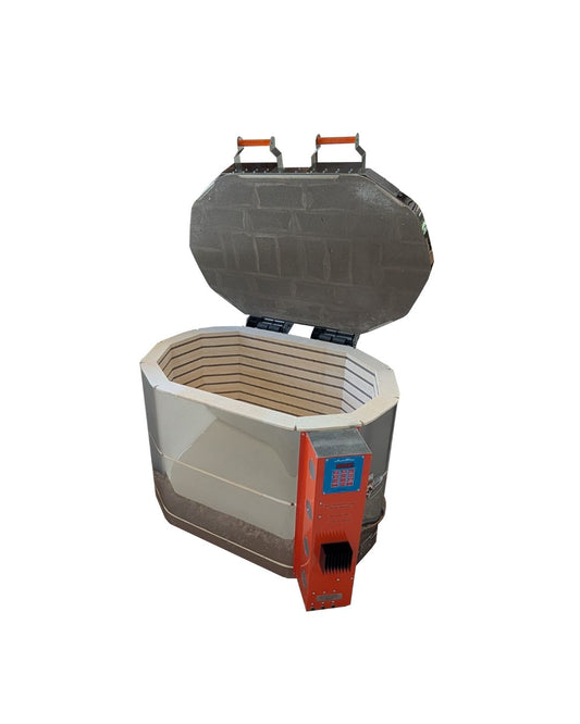 Jen-Ken Kilns Oval 27 3" kiln  with lid open, tilted