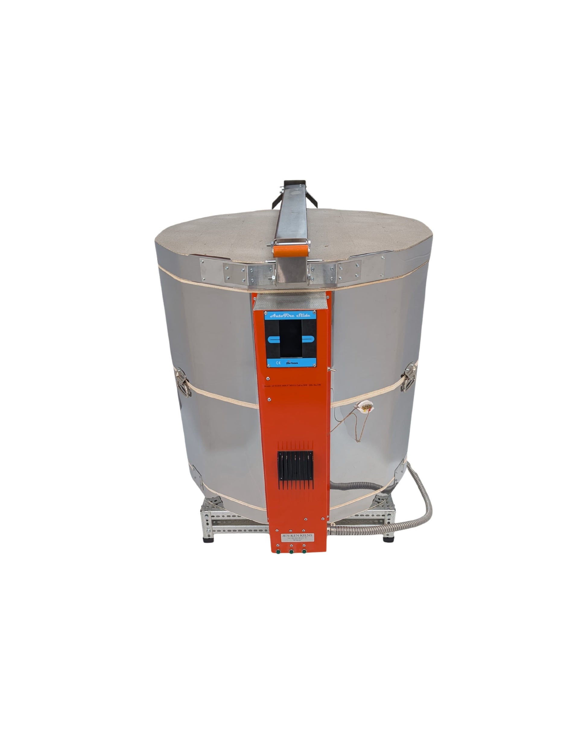 Front view of Jen-Ken Kilns Mega Coil 2829, a 3-inch ceramic kiln with solid-state relays with lid closed, equipped with the Orton AutoFire Slide  controller