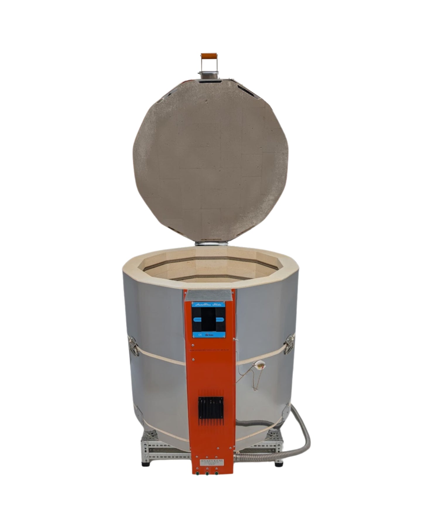 Front view of Jen-Ken Kilns Mega Coil 2829, a 3-inch ceramic kiln with solid-state relays. The lid is open, showcasing some of the interior/coils, equipped with the Orton AutoFire Slide  controller