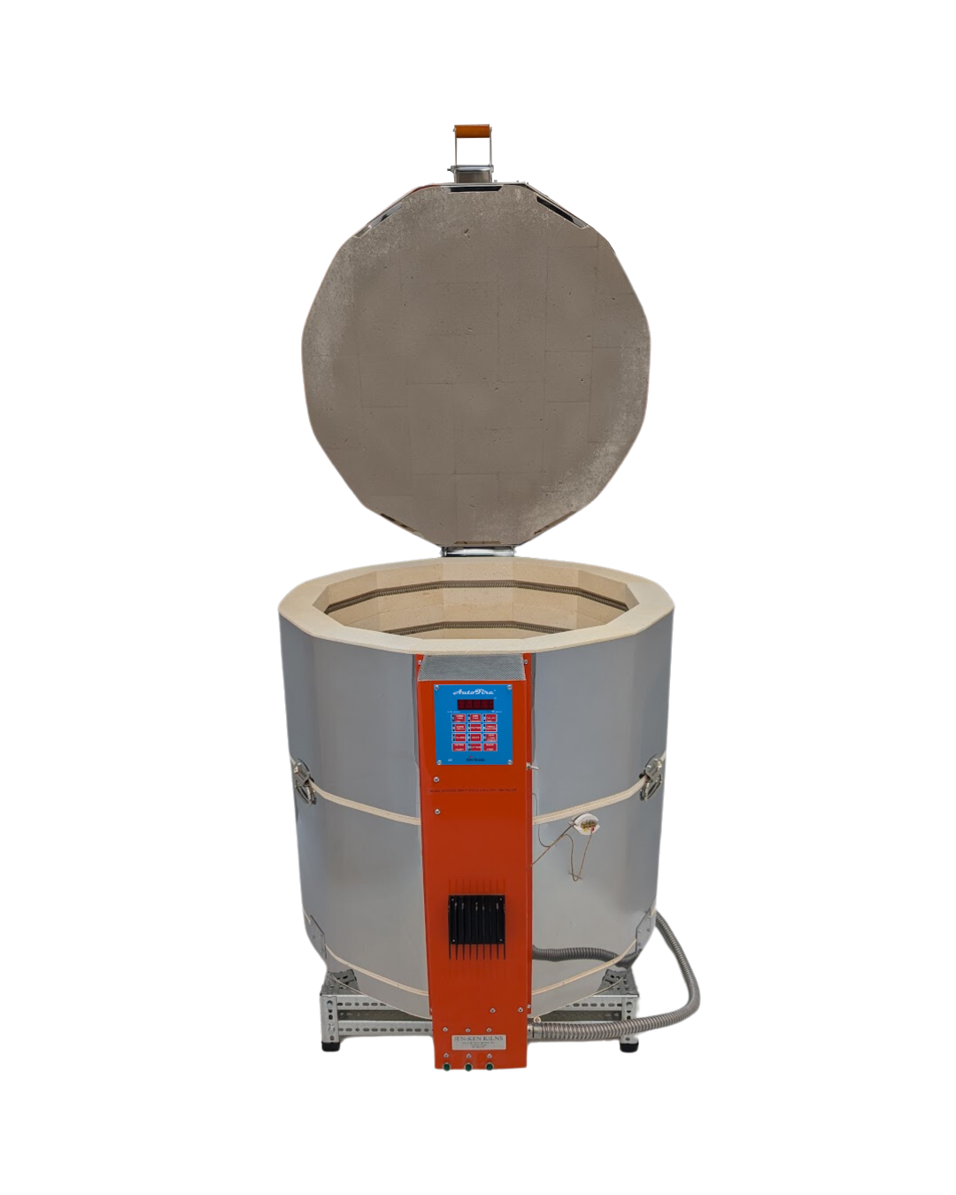 Front view of Jen-Ken Kilns Mega Coil 2829, a 3-inch ceramic kiln with solid-state relays. The lid is open, showcasing some of the interior/coils, equipped with the Orton AutoFire 4000 12-button controller