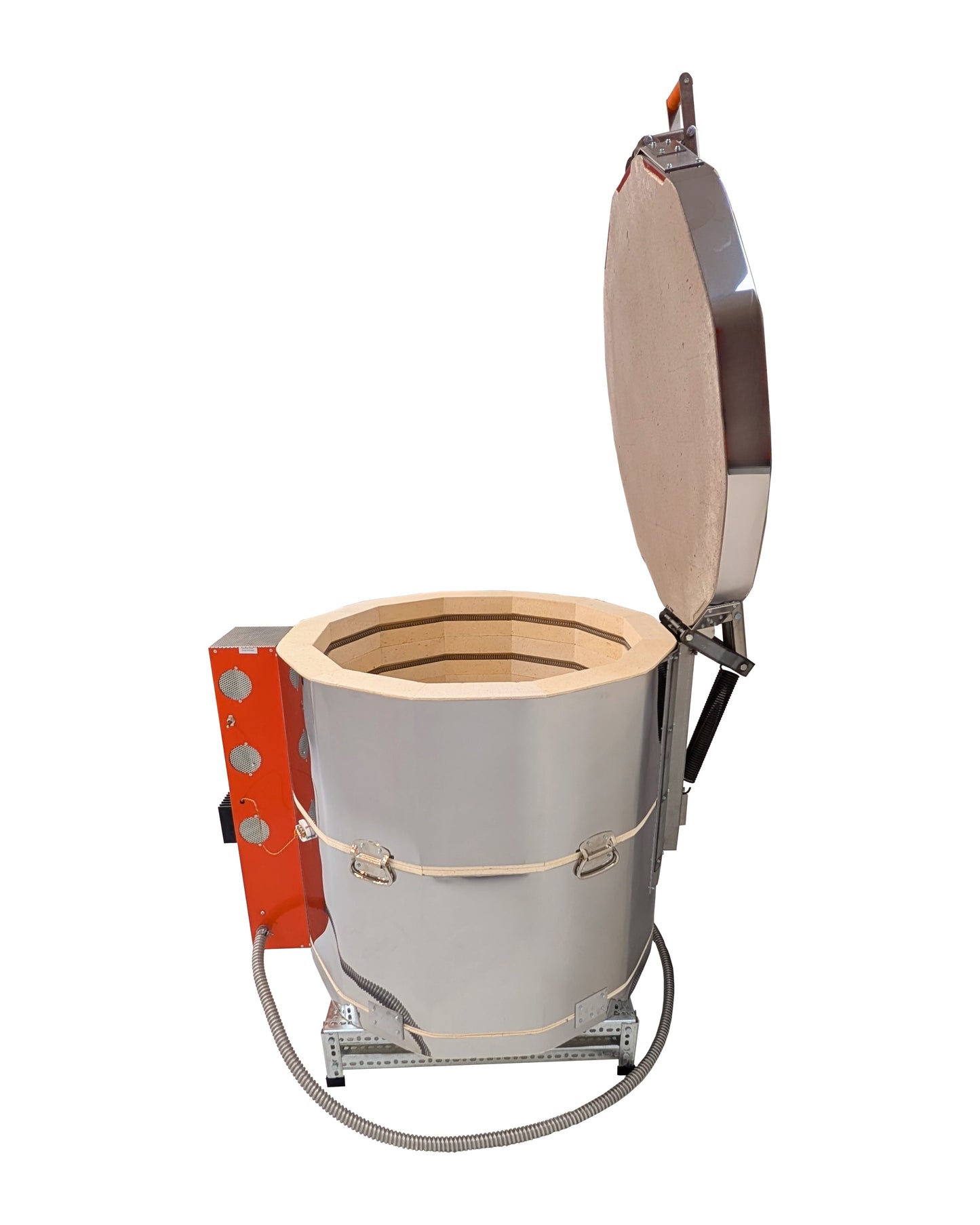 Left side view of Jen-Ken Kilns Mega Coil 2829, a 3-inch ceramic kiln with solid-state relays;  lid open