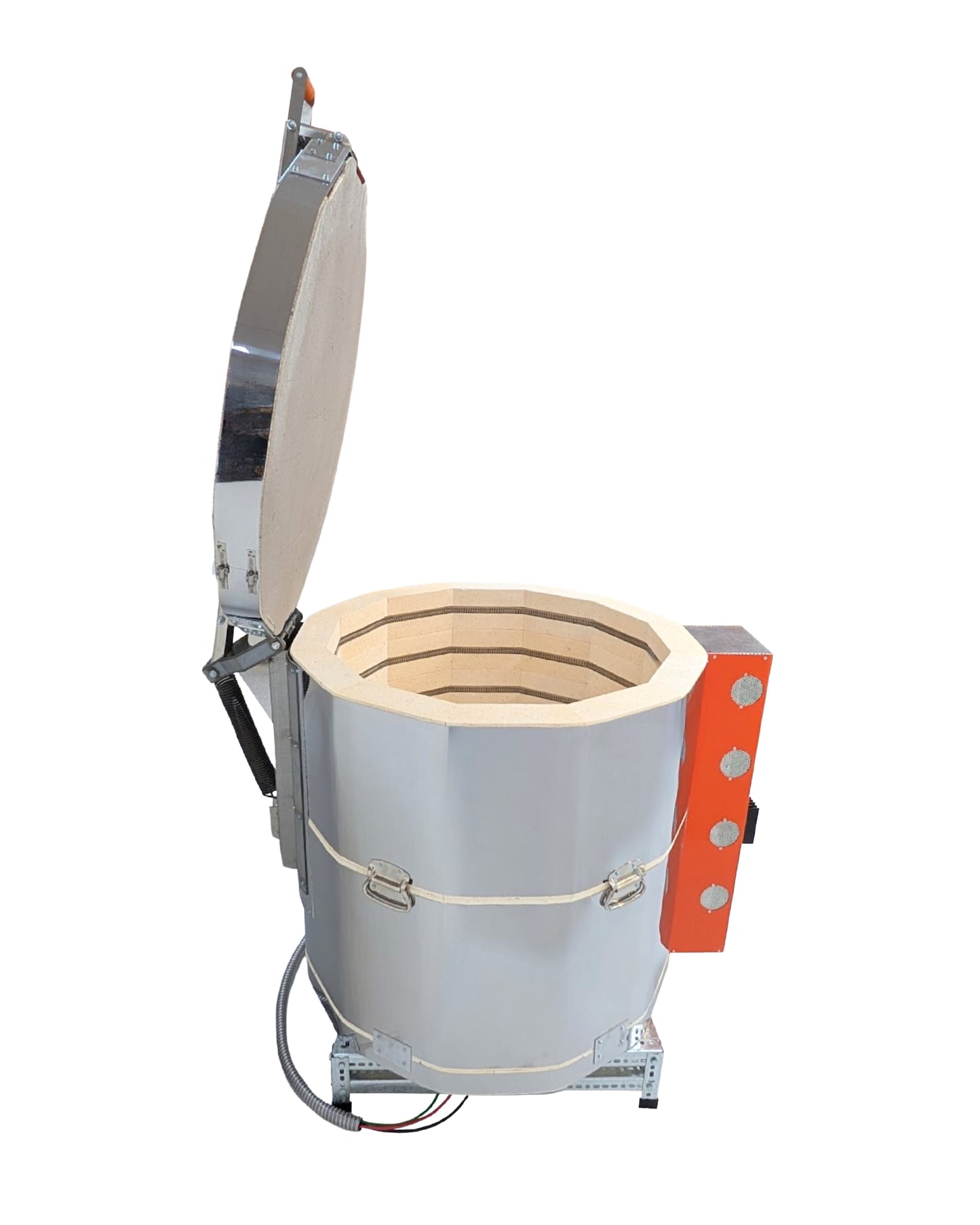 Right side view of Jen-Ken Kilns Mega Coil 2829, a 3-inch ceramic kiln with solid-state relays;  lid open