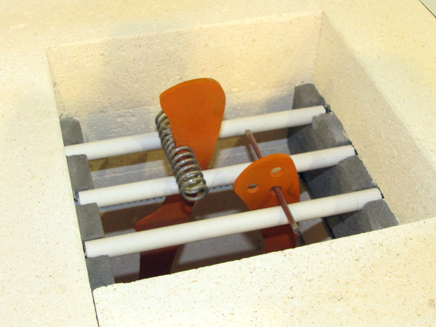 Jen-Ken Kilns Vertical Air Bath EDC Knife Kiln blades loaded inside kiln