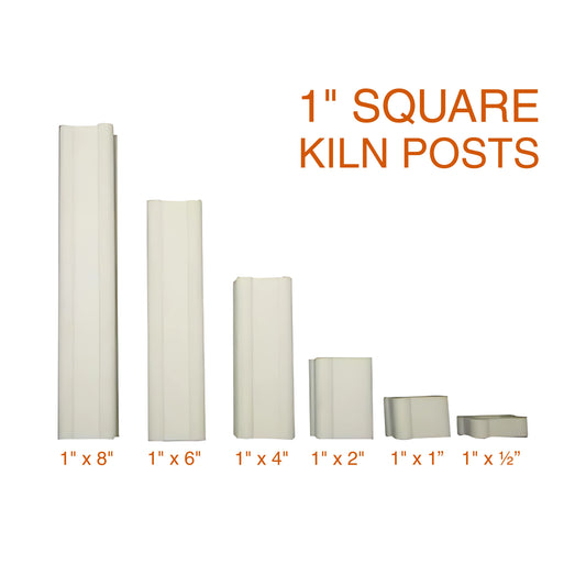 Jen-Ken Kilns 1-inch square ceramic kiln posts in six sizes: 8 inch, 6 inch, 4 inch, 2 inch, 1 inch, and ½ inch, displayed side by side. Image labeled '1" SQUARE KILN POSTS' in orange text.