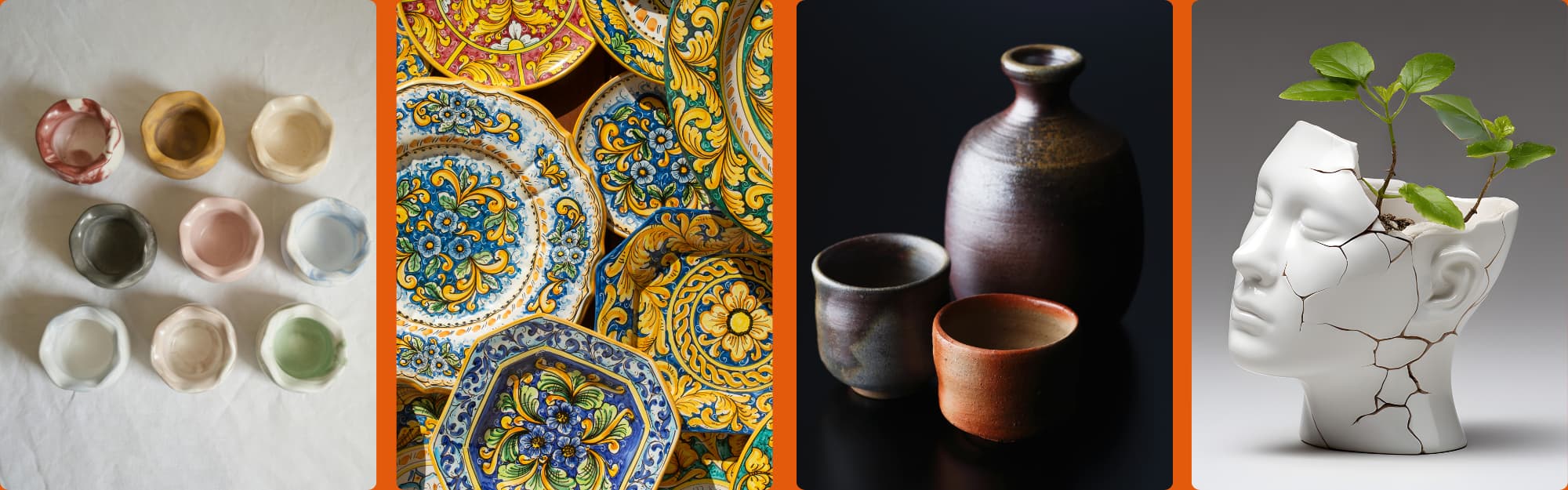 four photographs of ceramics and pottery creations