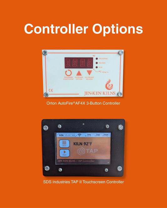 Two Jen-Ken Kilns controller boards on an orange background with product titles below each: Orton AutoFire AF4X 3-Button Controller and SDS Industries TAP II Touchscreen Controller with words above, "Controller Options"