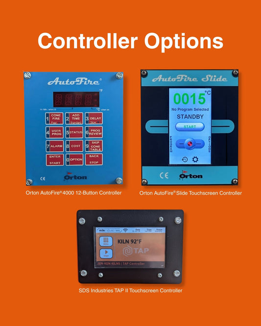 Four Jen-Ken Kilns kiln controller panels on an orange background with descriptions of each controller panel below each: Orton AutoFire 4000 12-Button Controller, Orton AutoFire Slide Touchscreen Controller, SDS Industries TAP II Touchscreen Controller and words "Controller Options" at the top