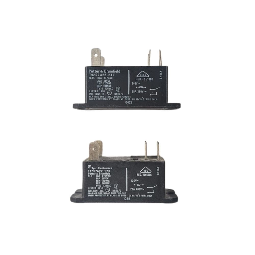 Two Fire Right kiln relays shown side by side on a white background. The top relay has a 240V coil marking, and the bottom relay has a 120V coil marking, illustrating the two coil voltage options used in Fire Right panels.