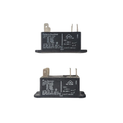 Two Fire Right kiln relays shown side by side on a white background. The top relay has a 240V coil marking, and the bottom relay has a 120V coil marking, illustrating the two coil voltage options used in Fire Right panels.