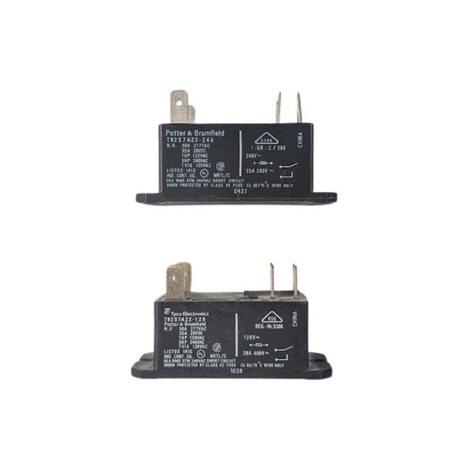 Two Fire Right kiln relays shown side by side on a white background. The top relay has a 240V coil marking, and the bottom relay has a 120V coil marking, illustrating the two coil voltage options used in Fire Right panels.