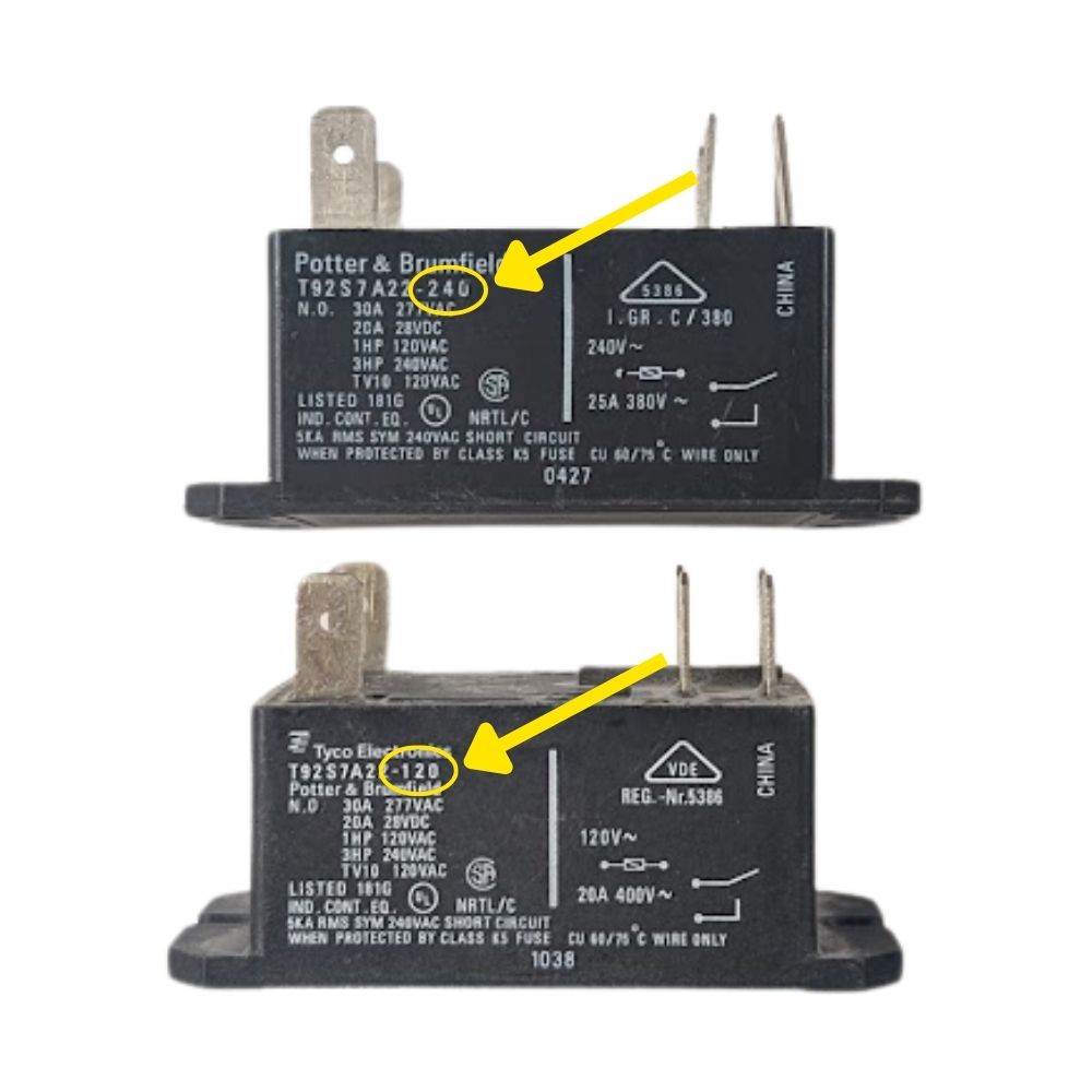 Close-up comparison of two Fire Right kiln relays with yellow arrows highlighting the coil voltage on each relay. The top relay is labeled “240,” and the bottom relay is labeled “120,” showing where to verify coil voltage before ordering.