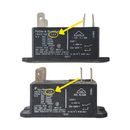 Close-up comparison of two Fire Right kiln relays with yellow arrows highlighting the coil voltage on each relay. The top relay is labeled “240,” and the bottom relay is labeled “120,” showing where to verify coil voltage before ordering.