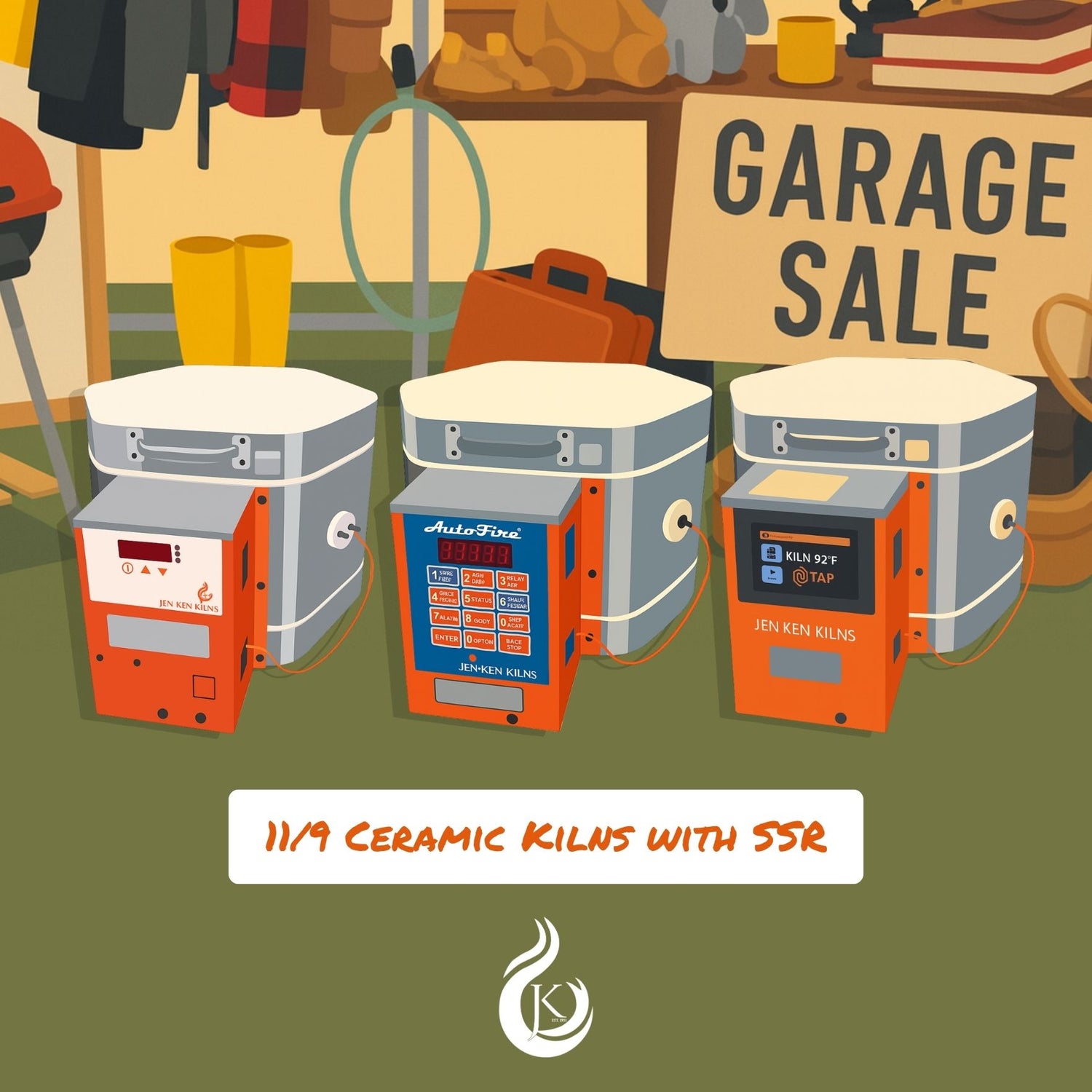 Vector illustration of three Jen-Ken 11/9 ceramic kilns with different controllers displayed in a garage setting. A large ‘Garage Sale’ sign is in the background, along with tools, boots, and storage items. The kilns are lined up side by side, each with a different control panel style—AF4X, AutoFire 12-button, and TAP touchscreen. Text at the bottom reads ‘11/9 Ceramic Kilns with SSR’ above the Jen-Ken Kilns flame logo.