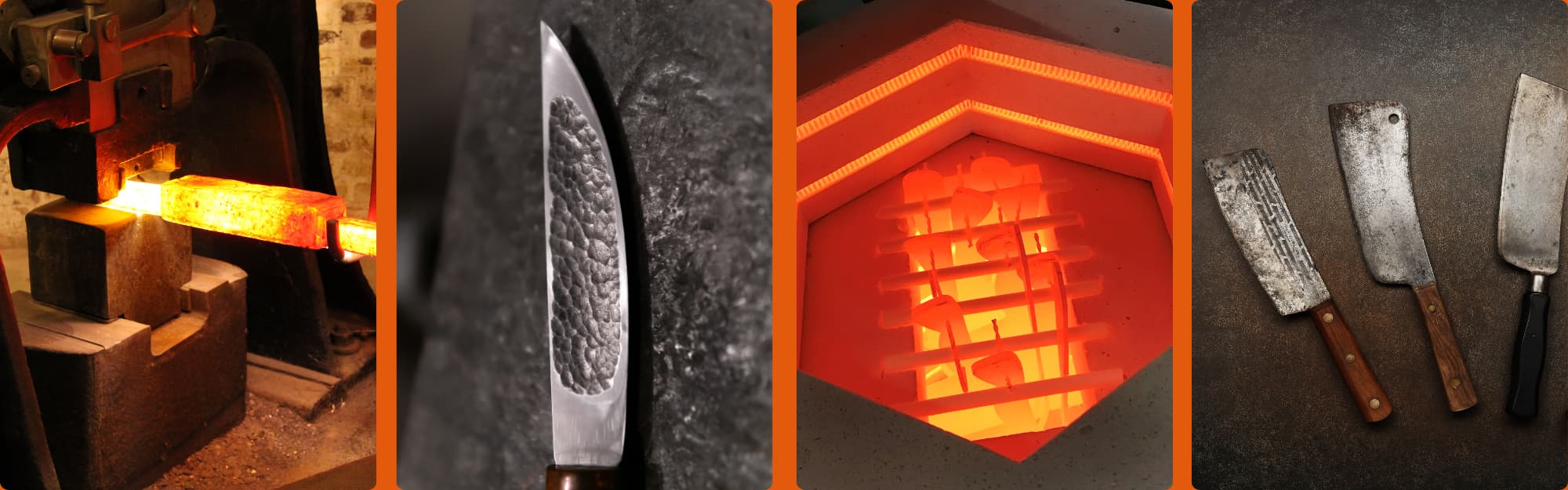 four photographs of bladesmithing, knives and knife kilns