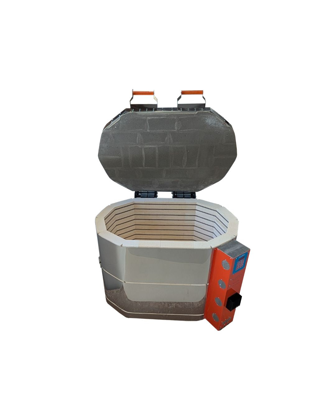 Jen-Ken Kilns Oval 27 3" kiln with lid open, front view