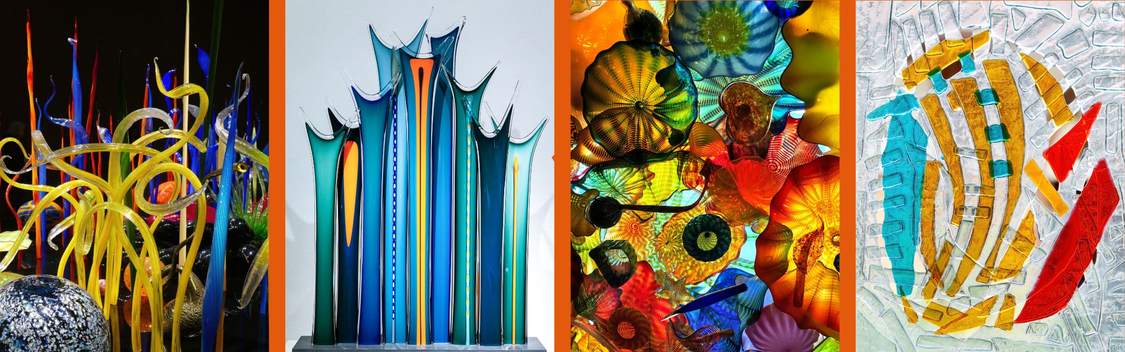four photographs of colorful warm glass creations 