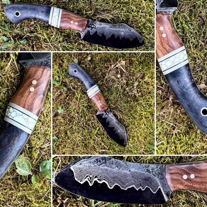 Custom forged knife by Vince of Black Bird Blades shown from multiple angles on moss, highlighting a dark etched steel blade, wood-and-horn handle, and decorative spacer; Made on a Jen-Ken kiln.