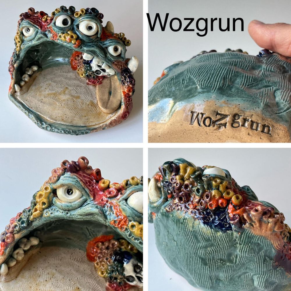 Multi-angle view of a handmade ceramic creature bowl named “Wozgrun” by Pickled Aliens Pottery, showcasing hand-sculpted eyes, teeth, and colorful textured surface details; fired to cone 5/6 in a Jen-Ken electric kiln.
