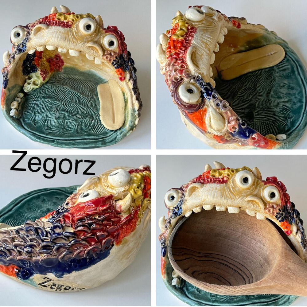 Handcrafted ceramic creature bowl named “Zegorz” by Pickled Aliens Pottery, featuring expressive sculpted facial features, layered glaze textures, and a functional interior; fired in a Jen-Ken electric kiln.