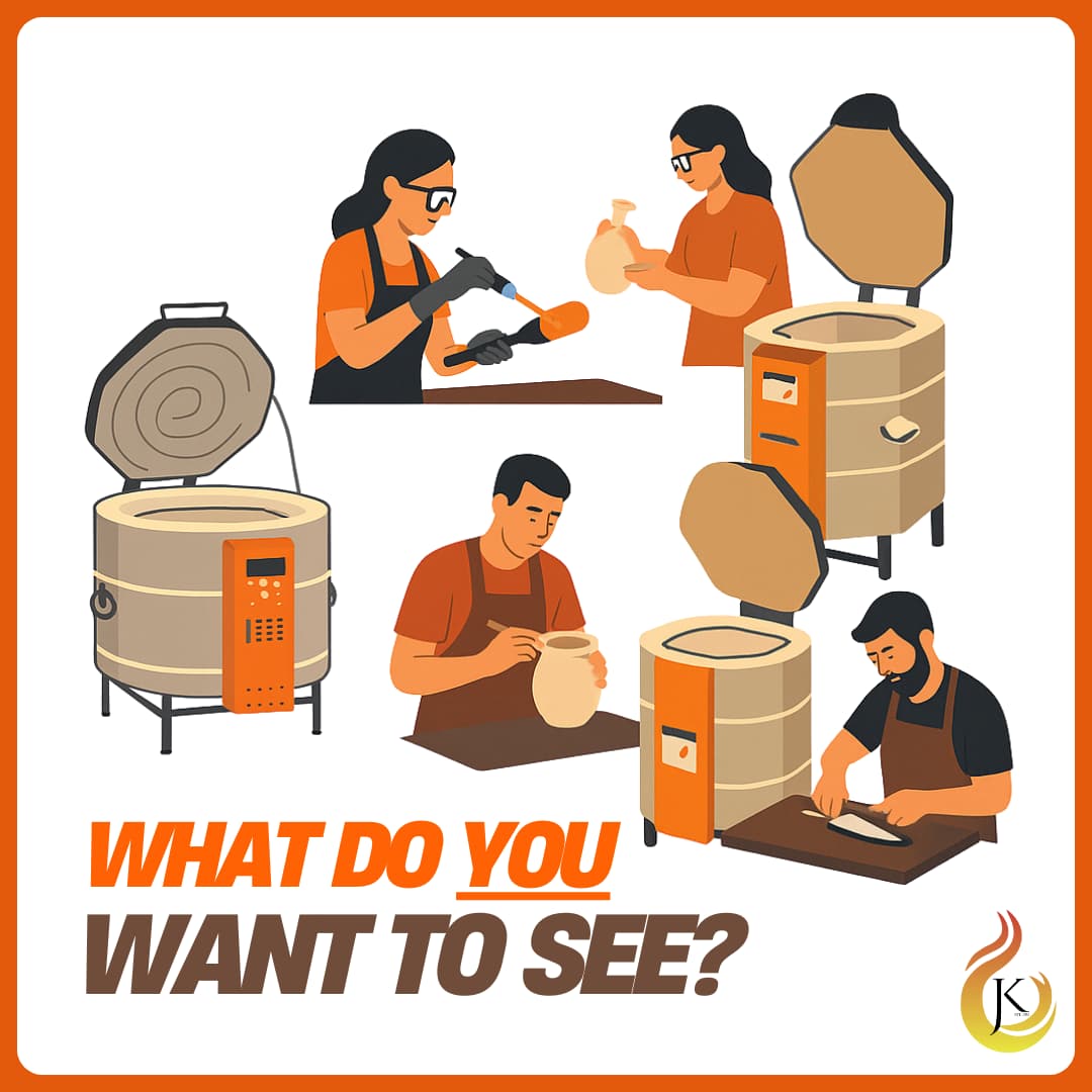 Illustrated graphic showing four artists working with different crafts: a glass artist shaping molten glass, a potter sculpting clay, another potter holding a finished vase, and a bladesmith working on a knife. Three kilns are also depicted. At the bottom, bold text reads “WHAT DO YOU WANT TO SEE?” in orange and dark brown, with the Jen-Ken Kilns flame logo in the corner.